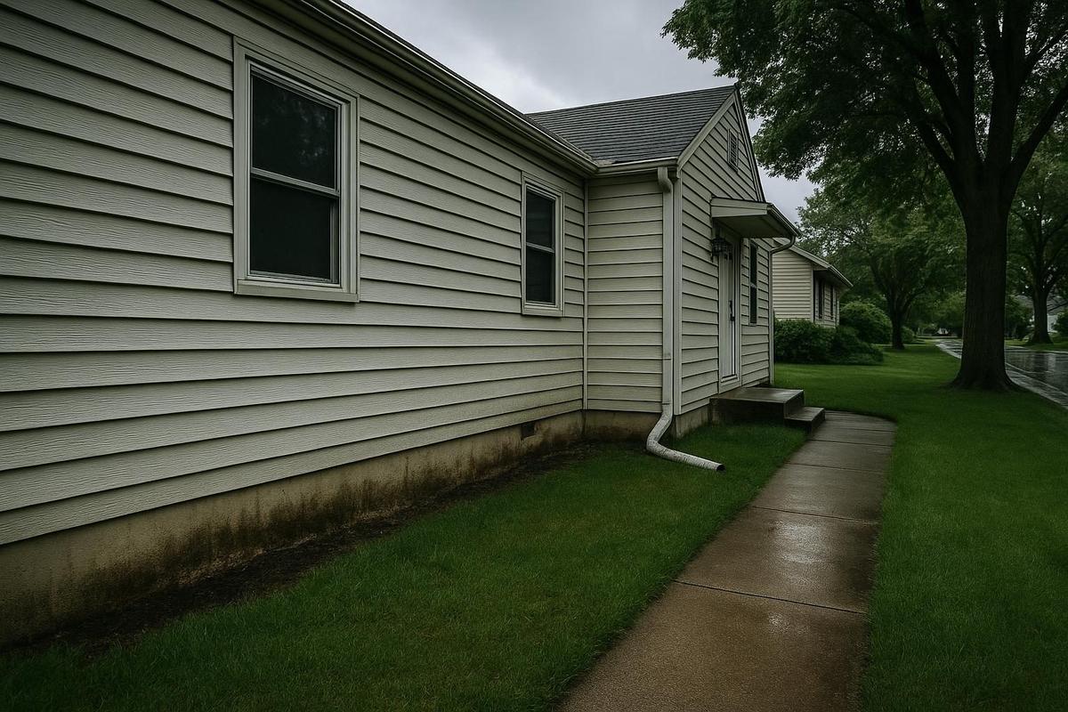 Suburban home exterior showing potential moisture problems near the foundation