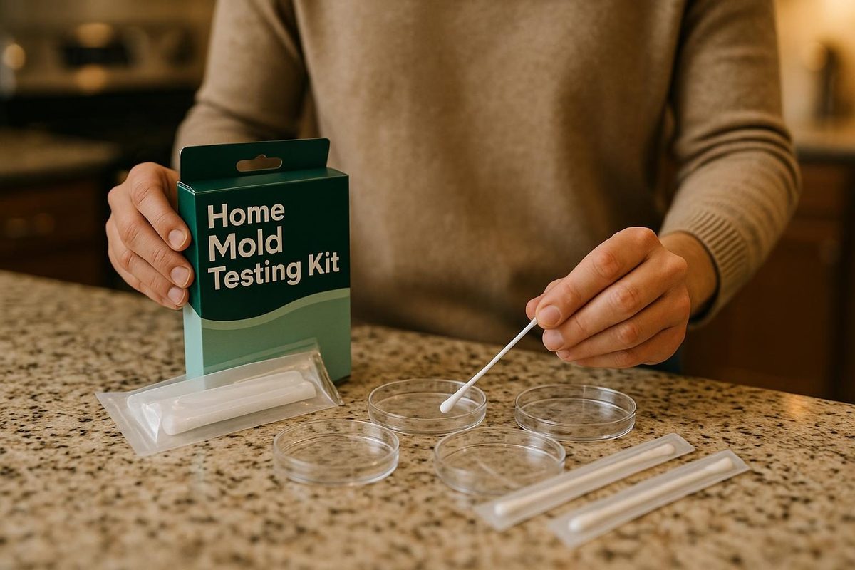 Home mold testing kit with sample swabs spread out on a kitchen counter