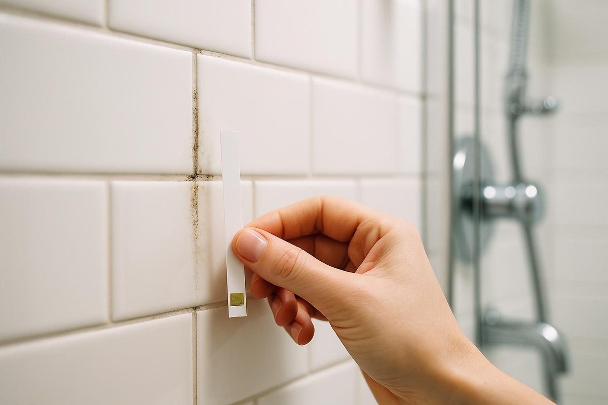 Hand holding a mildew test strip against bathroom tile grout showing discoloration
