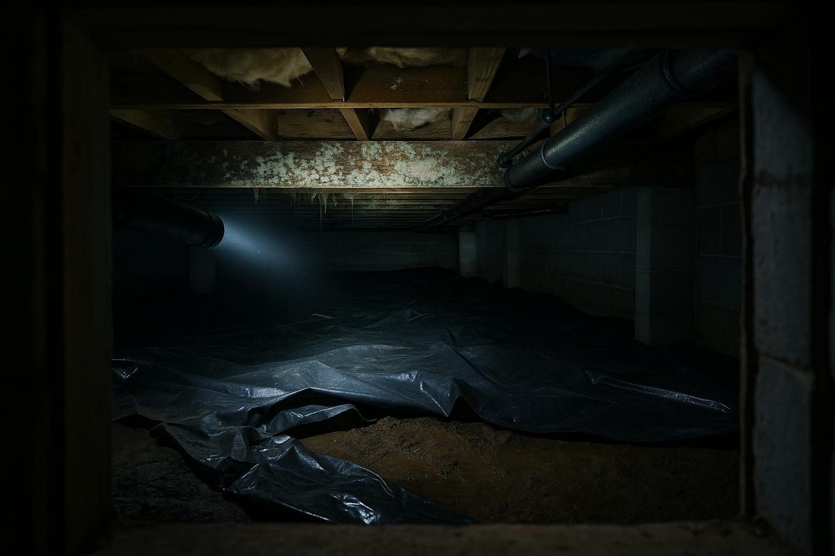Mold growth on floor joists in a residential crawl space under a house