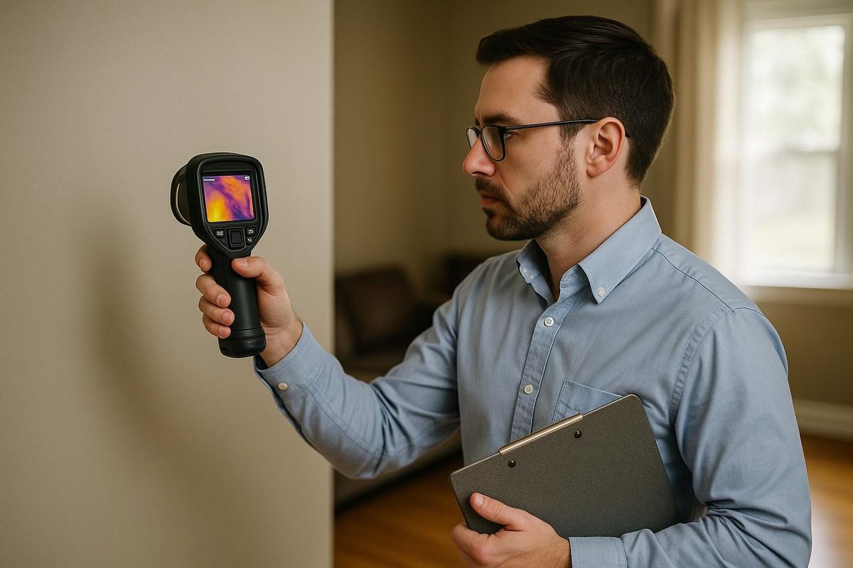 Mold home inspector using a thermal camera to scan a residential wall
