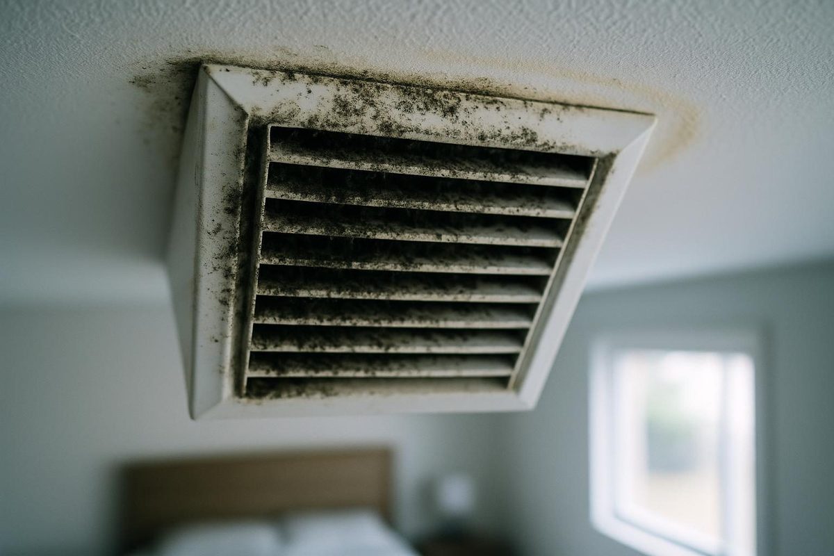 Dark mold buildup visible inside a house vent grille on a ceiling