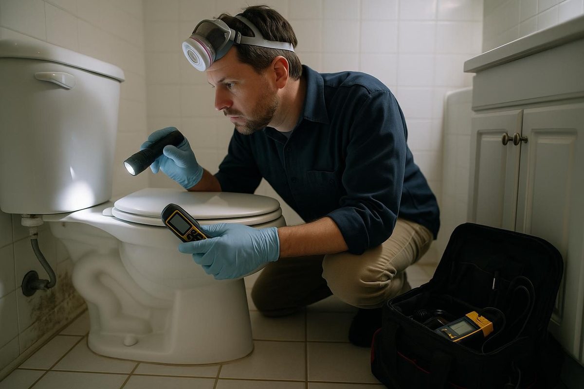 Inspector examining a bathroom for mold with a flashlight and moisture meter