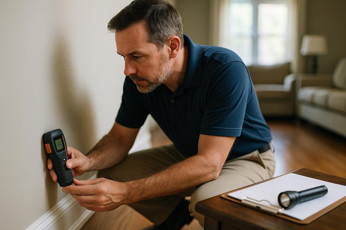Home inspector using a moisture meter to check walls for hidden mold damage
