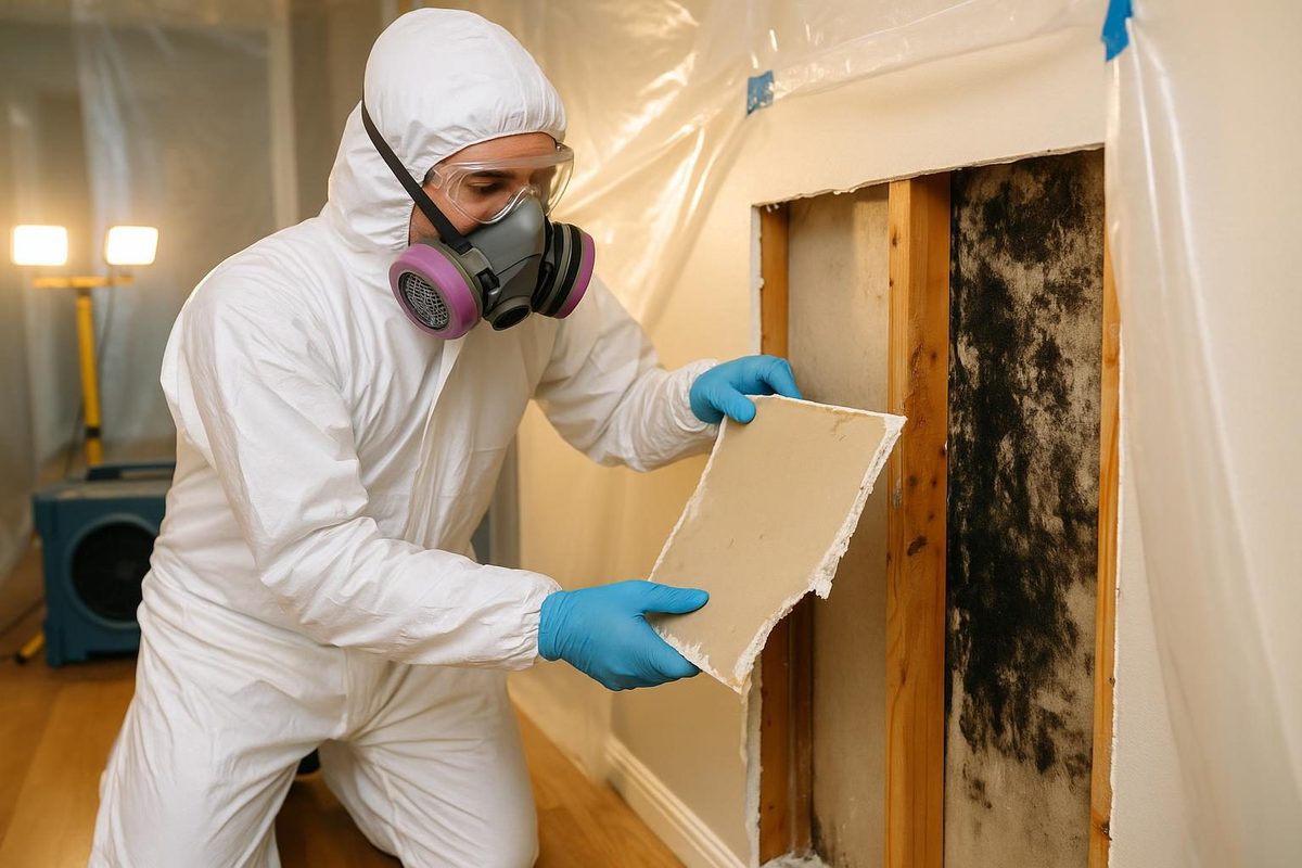 Mold remediation worker in protective gear removing damaged drywall from a wall