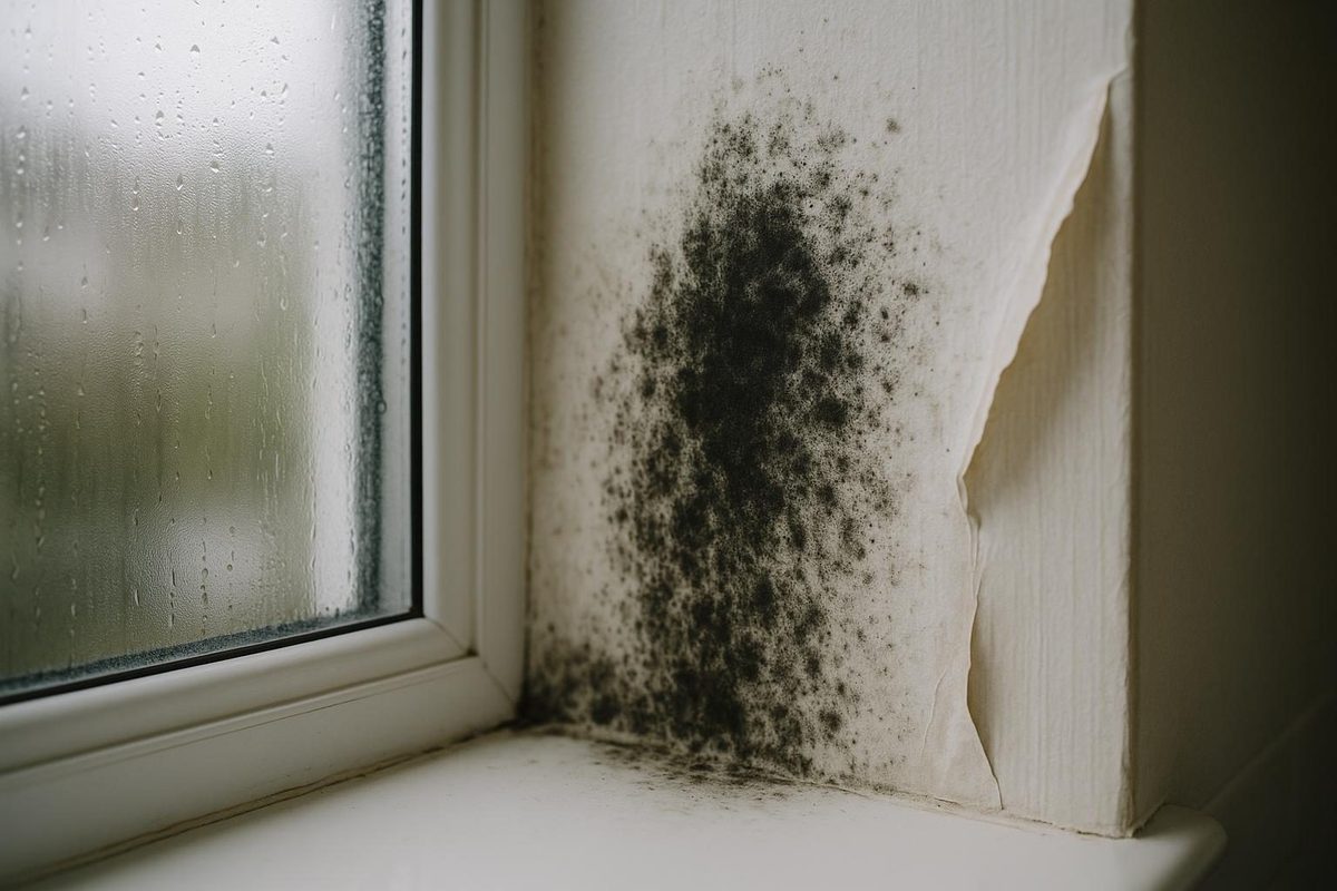 Black mold growth on a white wall near a window in a moldy home