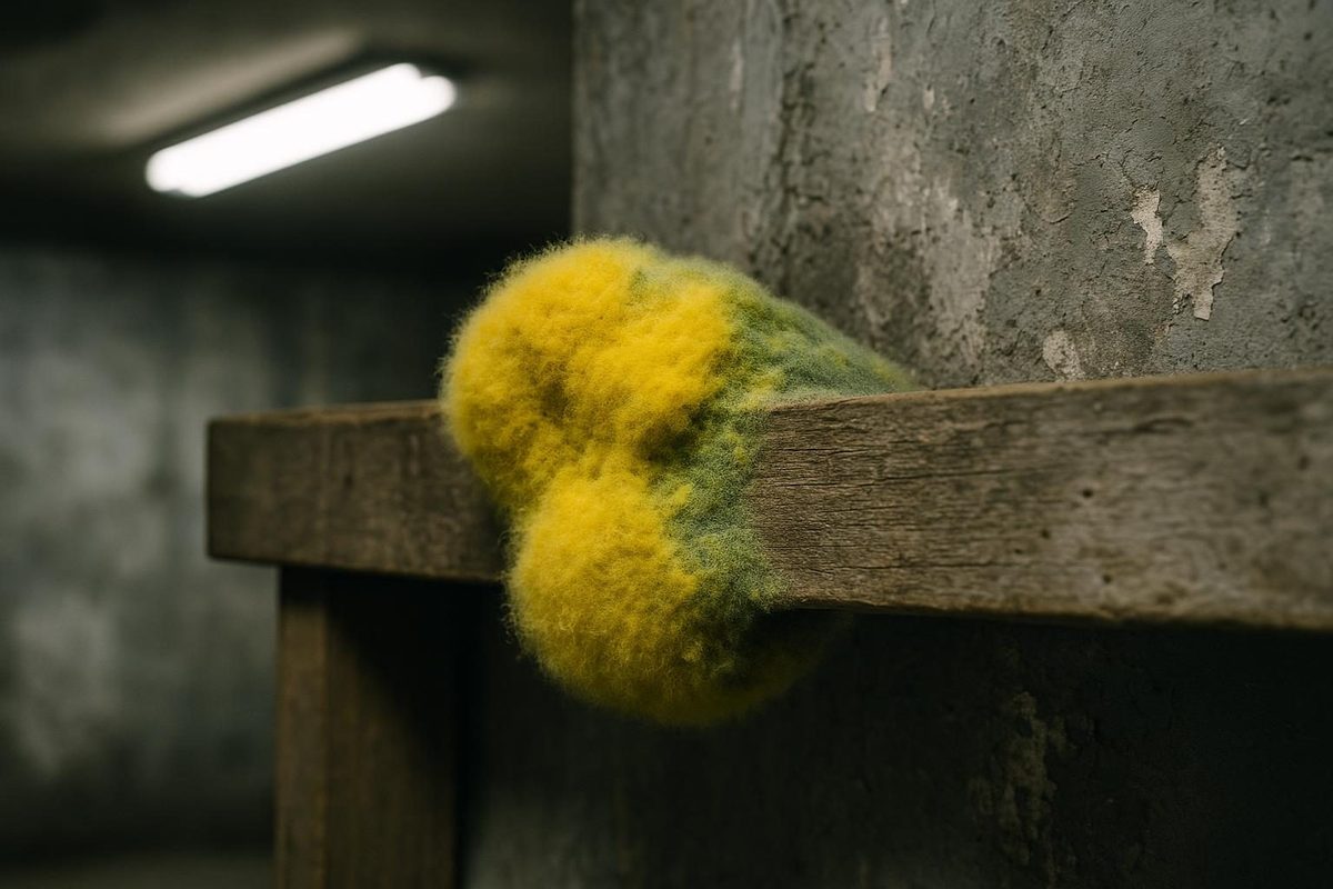 Bright yellow mold growing on a wooden surface in a damp basement